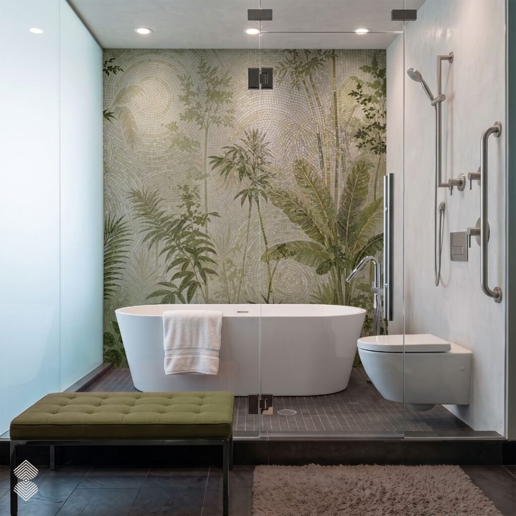 A contemporary glass-enclosed bathroom area containing a white tub and wall-mounted toilet, set against a light green mosaic wall featuring tropical palm fronds, leaves, and bamboo.
