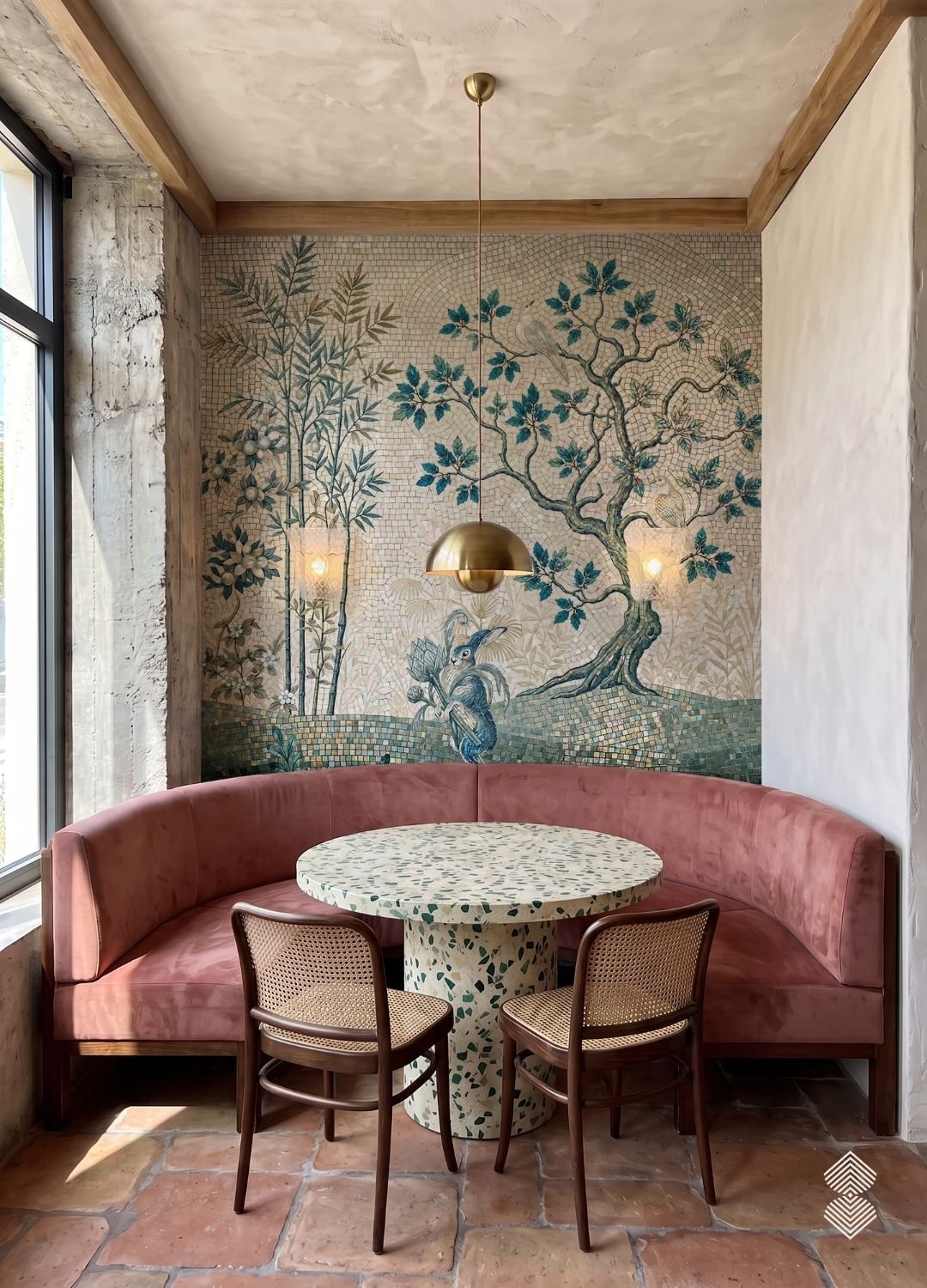 Dining booth with a pink velvet banquette, a terrazzo pedestal table, and a background mosaic mural depicting a tree, bamboo, and a rabbit.