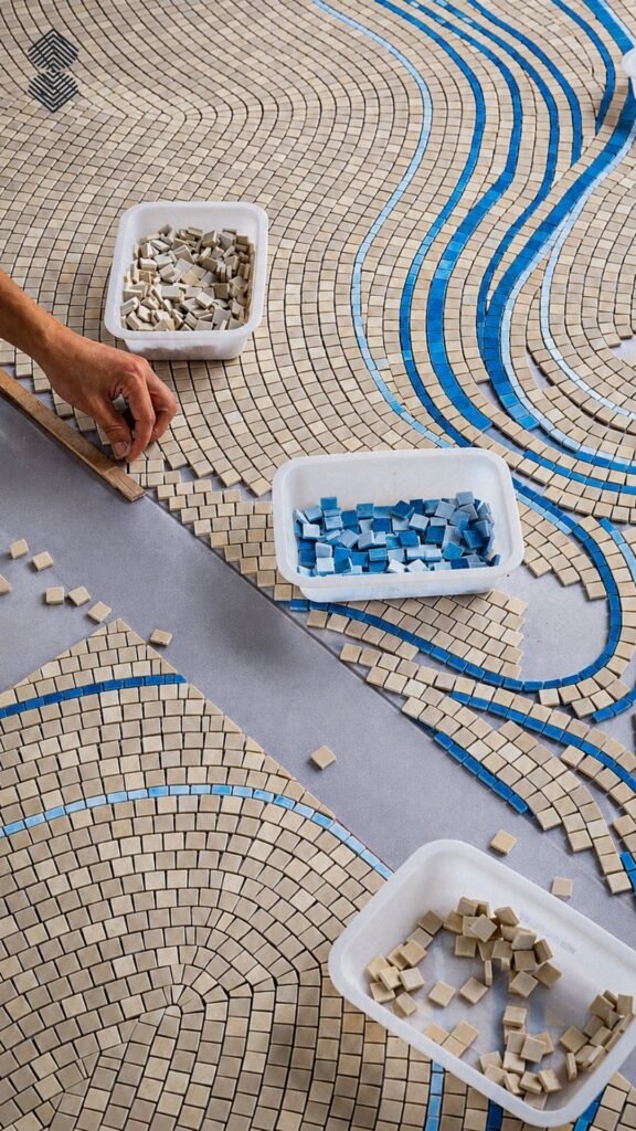 Hands laying beige and blue mosaic tile patterns with trays of square tesserae.