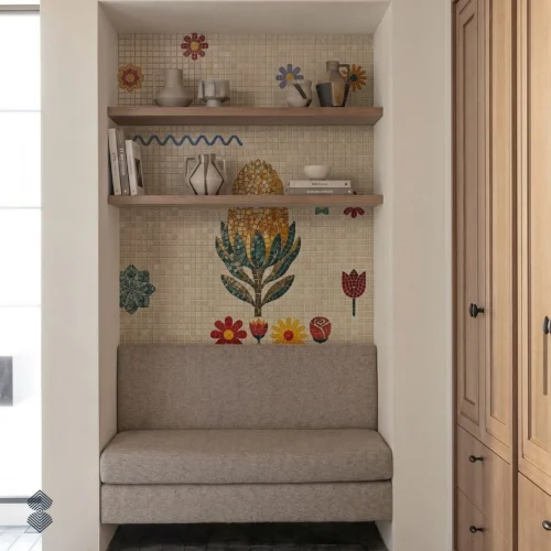 Handcrafted botanical mosaic feature wall with colorful flowers, green leaves, and golden floral centerpiece in seating nook.