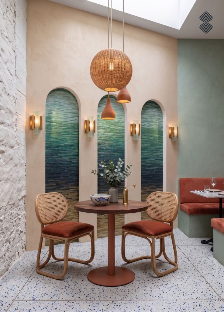 Dining table and woven chairs set against a light wall featuring three recessed arched niches lined with blue-green mosaic tiles.