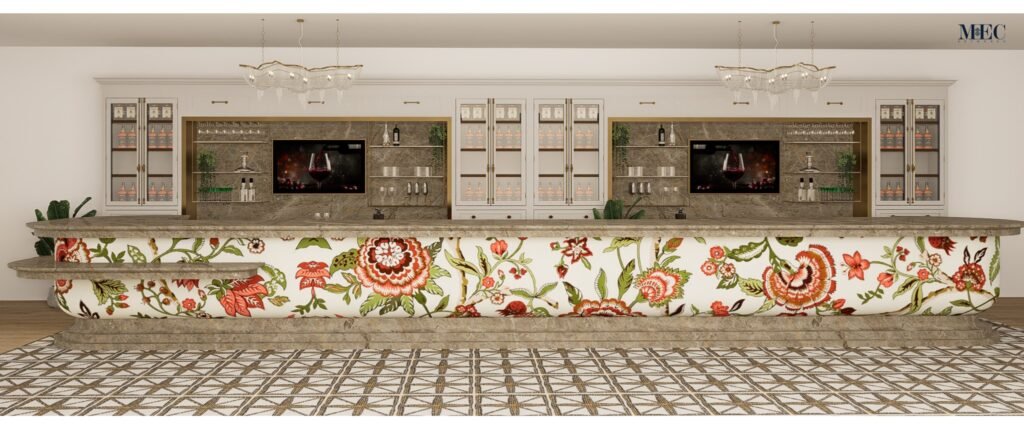 A bar counter featuring a delicate, watercolor-style botanical mosaic front with tall green stems and floral buds on a soft cream background.