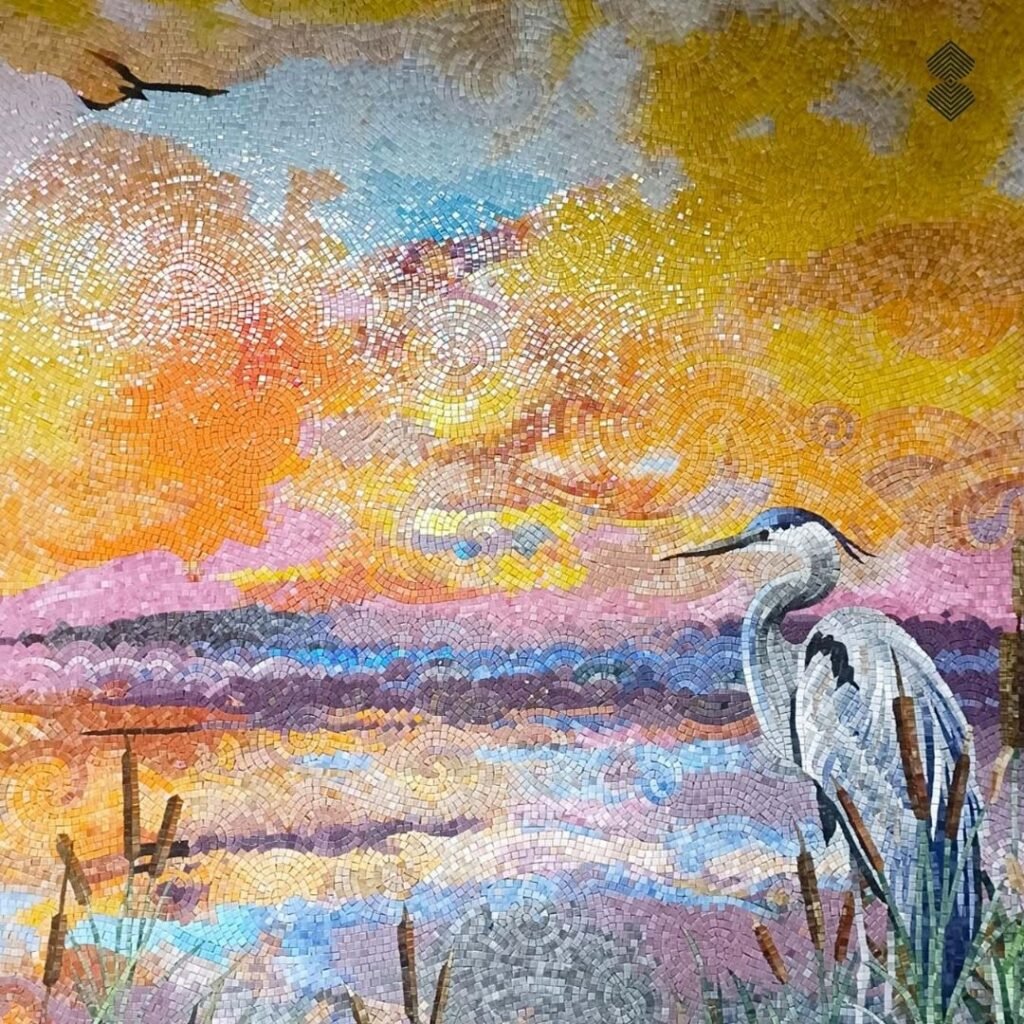 A colorful mosaic featuring a heron bird