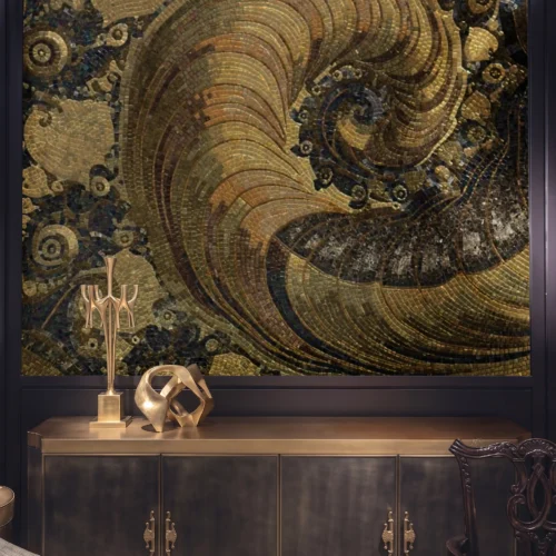 Golden Tempest glass mosaic wall featuring sweeping gold, bronze, and black abstract forms in an elegant luxury interior setting.