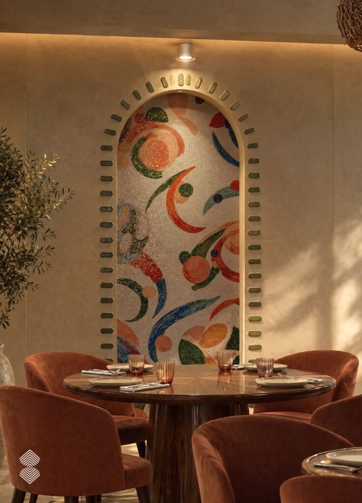 Dining table with orange plush armchairs set in front of a recessed arched niche featuring abstract, colorful mosaic tile patterns.