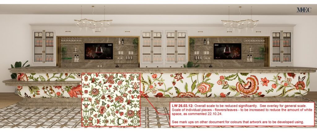 A bar counter showcasing a delicate, watercolor-style botanical mosaic front with green stems and floral buds against a soft cream background