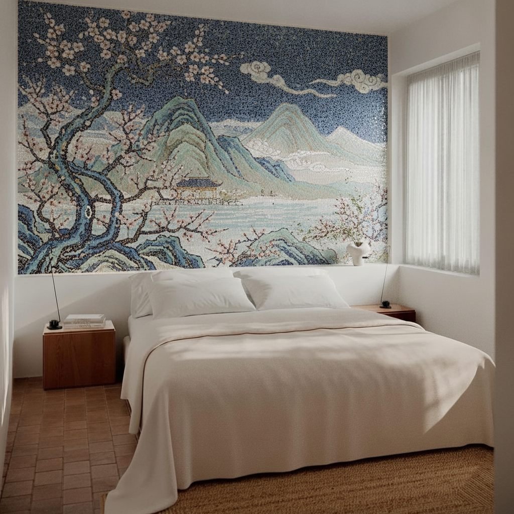 A tranquil bedroom featuring a highly detailed landscape mosaic mural of mountains, water, and cherry blossom trees behind the bed.