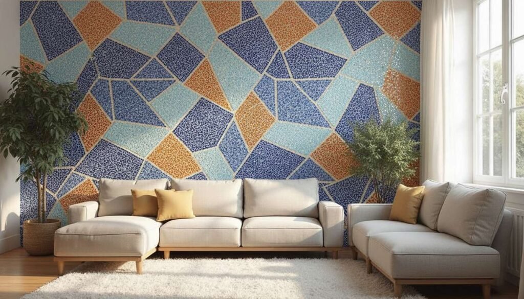A bright living room featuring a geometric mosaic accent wall in shades of blue, orange, and white, positioned behind a beige sectional sofa.