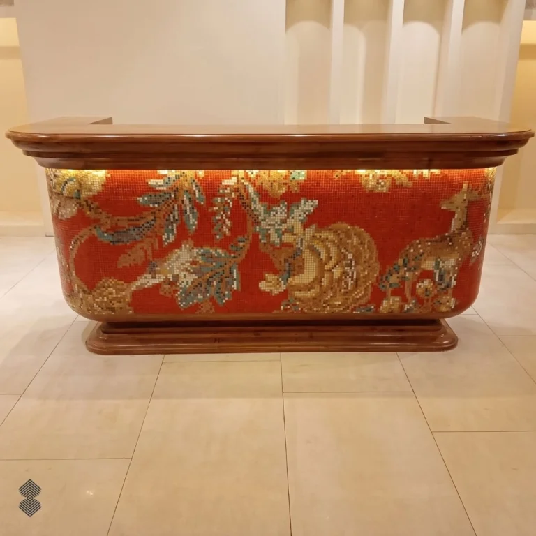 Handcrafted wildlife mosaic bar with stylized deer, botanical motifs, and warm amber details on red background.