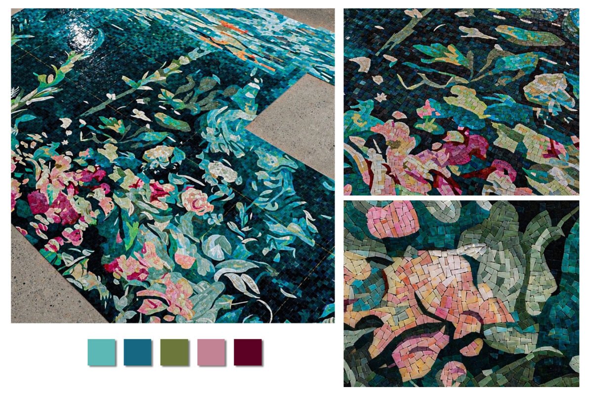 A three-part composite showcase featuring high-resolution photography and close-up details of a completed floral glass mosaic along with a 5-color palette swatch.