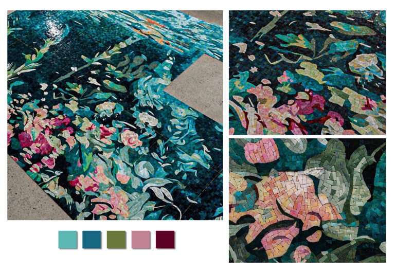 A three-part composite showcase featuring high-resolution photography and close-up details of a completed floral glass mosaic along with a 5-color palette swatch.