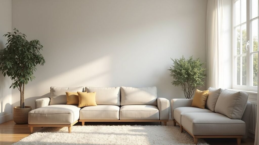 A minimalist living room with plain white walls, a light beige sectional sofa, and two potted plants bathed in natural sunlight.