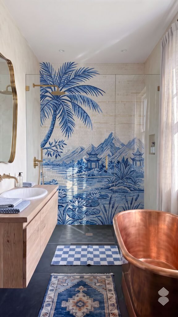 A bathroom featuring a copper freestanding bathtub and a shower enclosure with a blue and white mosaic wall art displaying palm trees, Asian-style pagodas, and lotus flowers against a mountain landscape.