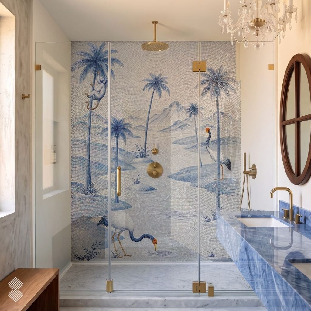 A luxury bathroom featuring a floating blue marble vanity and a large blue and white mosaic shower wall depicting tall palm trees, a monkey, and wading herons.