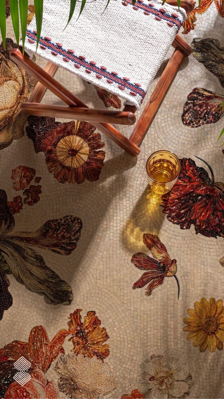 A floral walkway mosaic with rust and amber blossoms set into a pale stone ground.