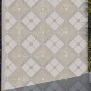 A diamond marble walkway mosaic in cream, beige and gray laid underfoot along a stone path.