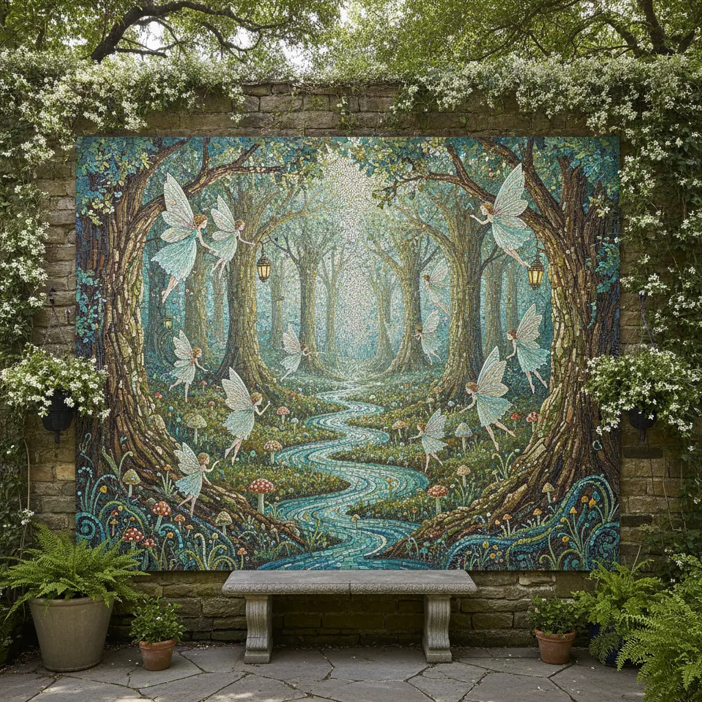 An outdoor garden wall displaying an intricate mosaic artwork of a magical forest with flying fairies, mushrooms, and a winding blue river.