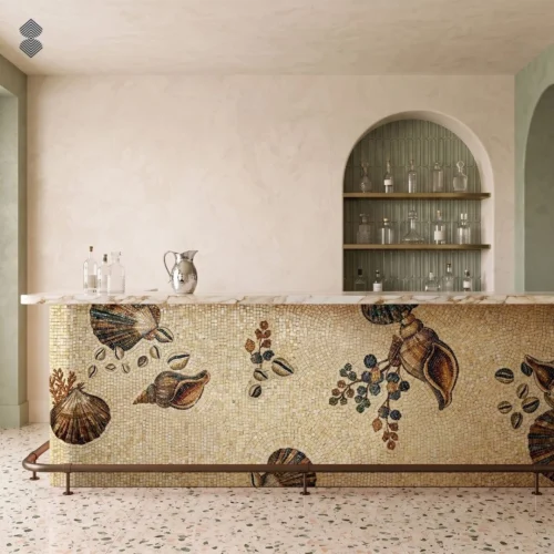Handcrafted seashell mosaic bar front with brown shells and botanical details across a warm ivory background.