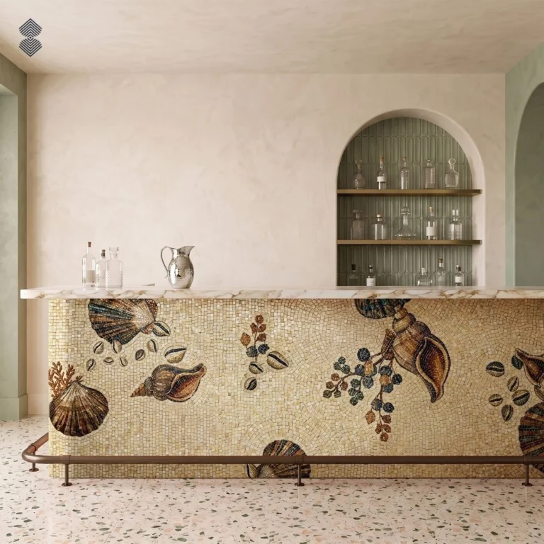 Handcrafted seashell mosaic bar front with brown shells and botanical details across a warm ivory background.