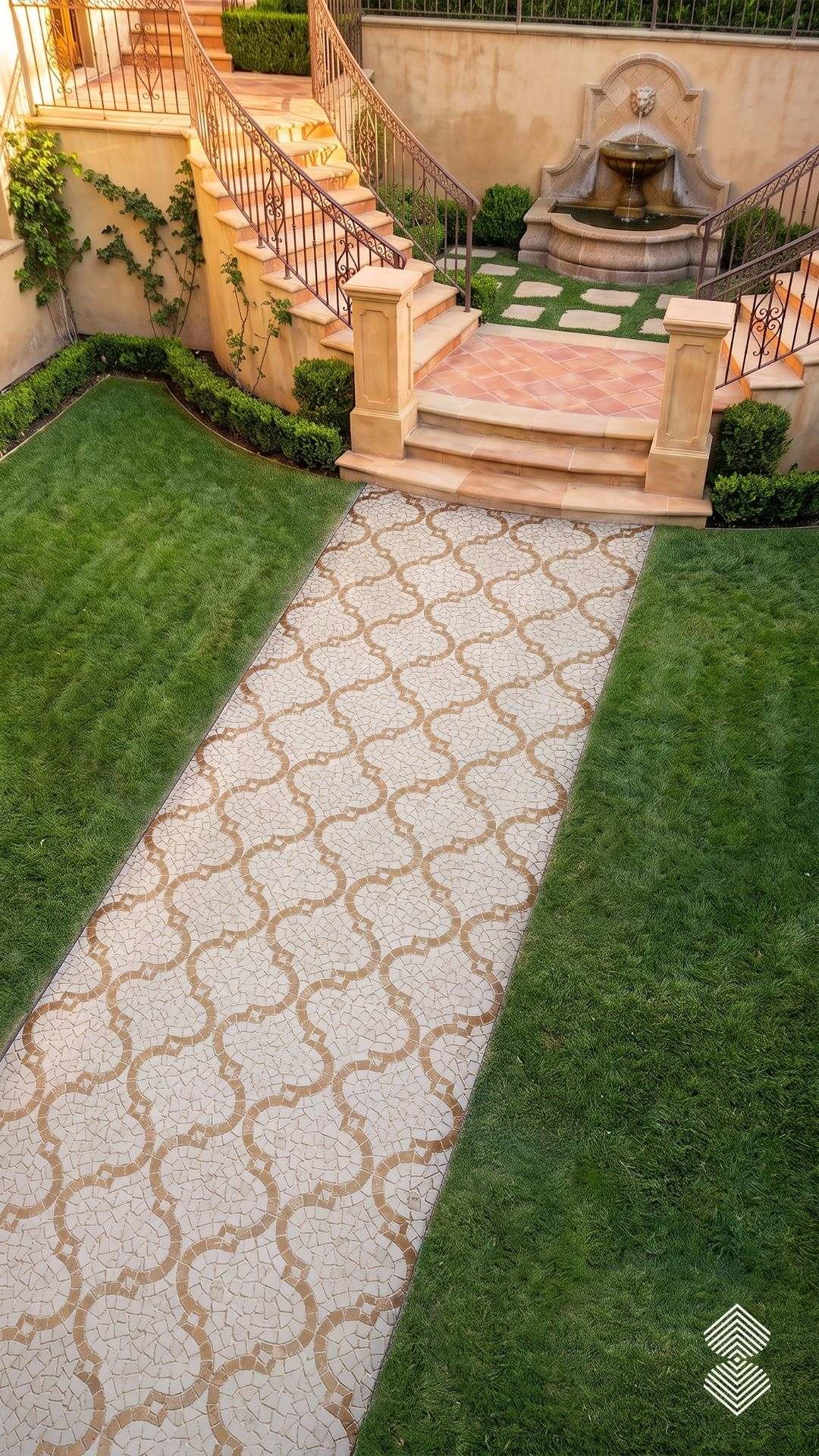 High-angle view of a beige and terracotta mosaic pathway with an interlocking trellis pattern leading toward stone steps and a courtyard fountain.