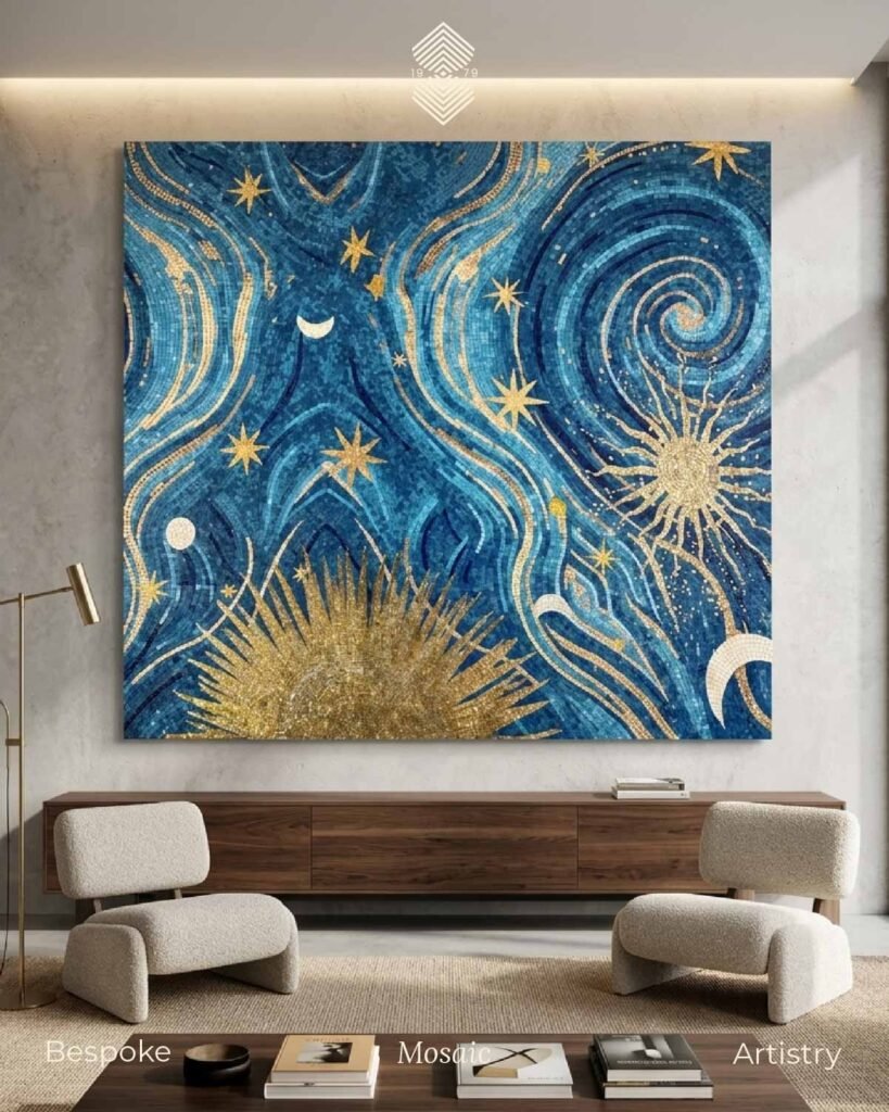 large, custom celestial mosaic wall art featuring swirling deep blue skies, radiant gold sunbursts, and crescent moons, in a minimalist living room