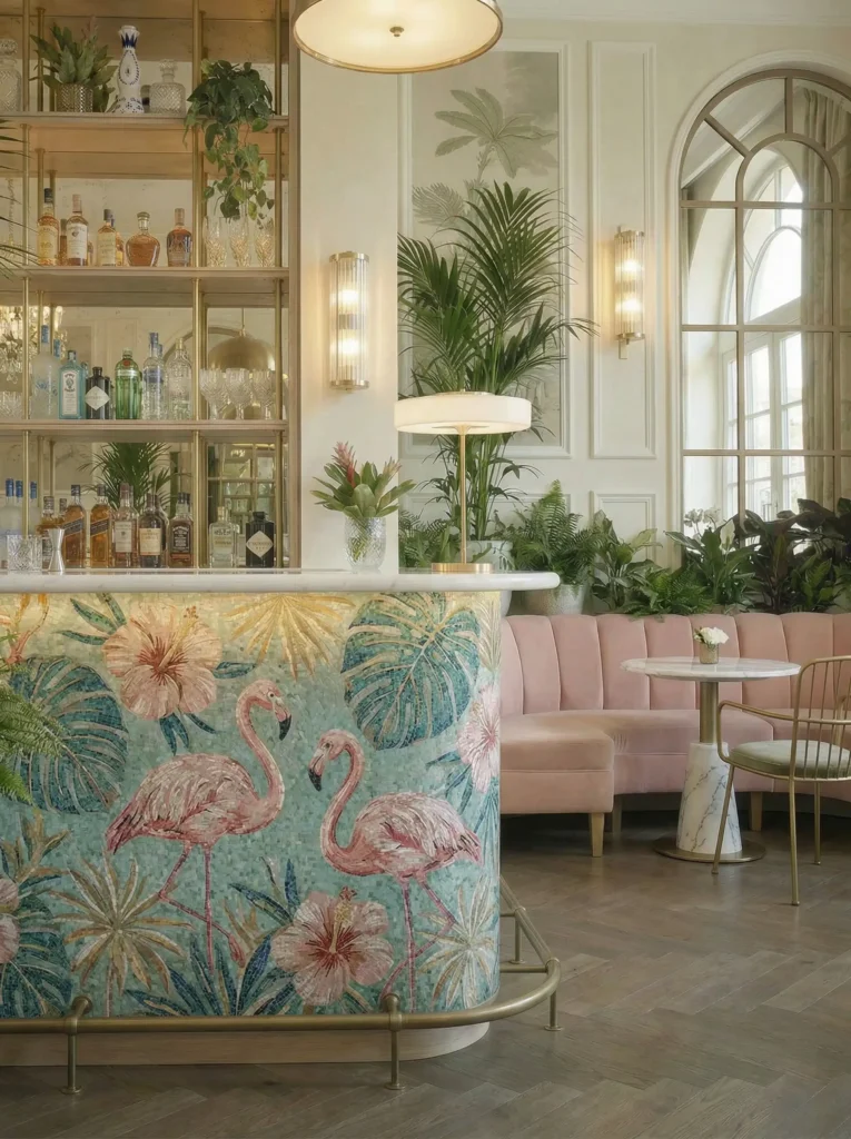 A curved bar front decorated with two pink flamingos surrounded by tropical greenery.
