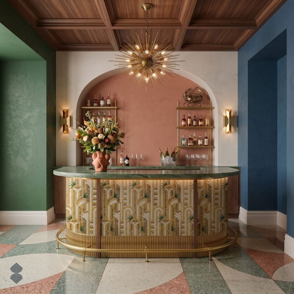 A curved bar counter showcasing an Art Deco-inspired geometric mosaic front in gold and yellow tones, featuring stylized archways.