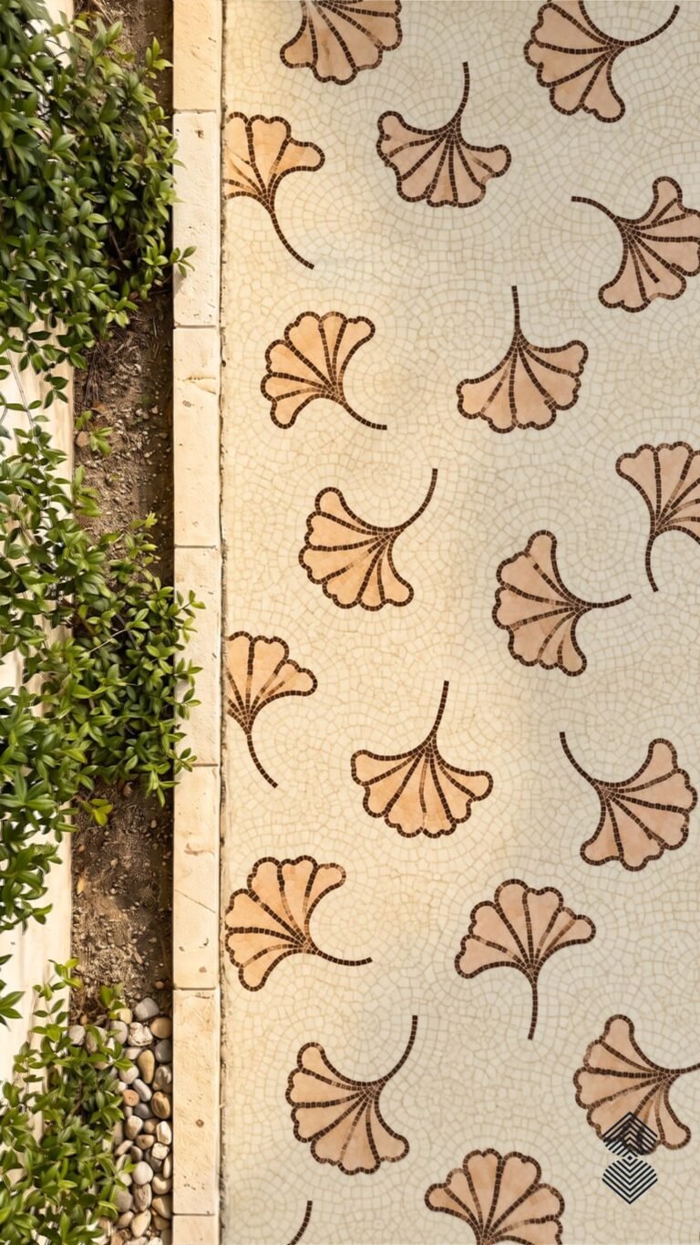 Ginkgo leaf walkway mosaic with scattered tan and terracotta leaf tesserae on a crackled ivory stone path
