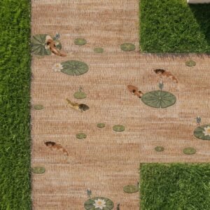A koi pond walkway mosaic set into a garden path, showing koi fish swimming among lily pads and lotus blooms.