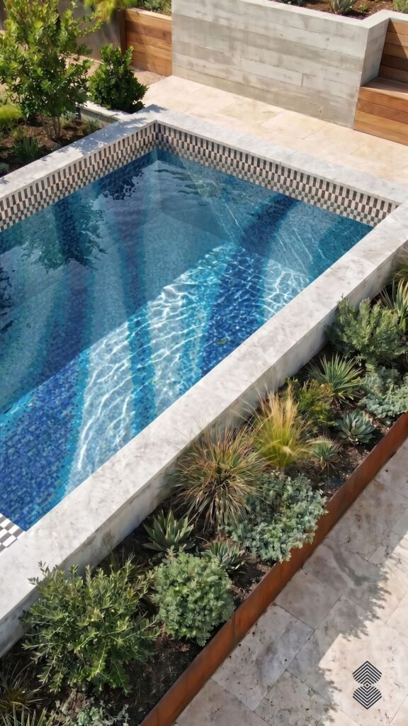High-angle view of a compact plunge pool surrounded by greenery with blue swirl tile patterns and a checkered waterline.