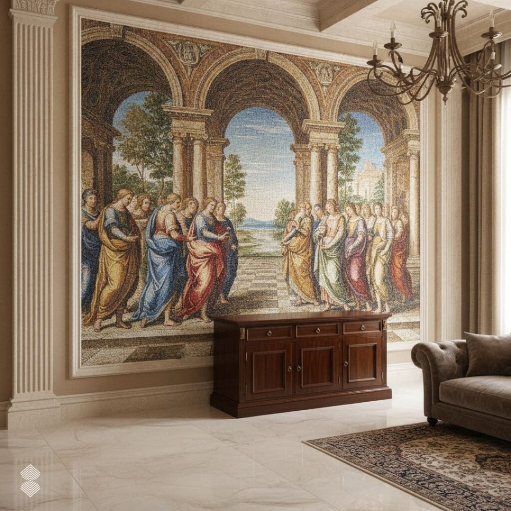 An elegant room showcasing a large, classical Renaissance-style mosaic mural of figures standing beneath architectural arches.