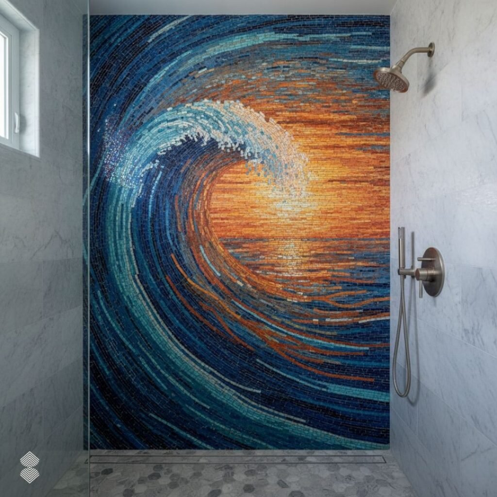 A walk-in shower interior featuring a vibrant mosaic wall depicting a large, crashing ocean wave against a warm sunset backdrop.