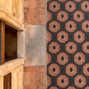 Close view of an octagon mosaic walkway with terracotta and black stone tesserae in a repeating geometric pattern