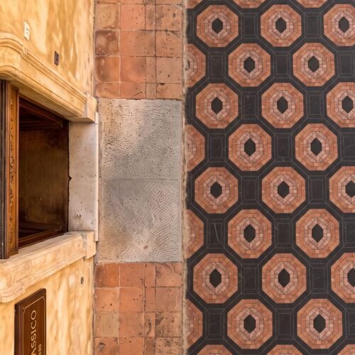 Close view of an octagon mosaic walkway with terracotta and black stone tesserae in a repeating geometric pattern