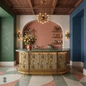 Palmetta Art Deco mosaic bar front featuring geometric arches, warm golden tones, and green botanical accents.