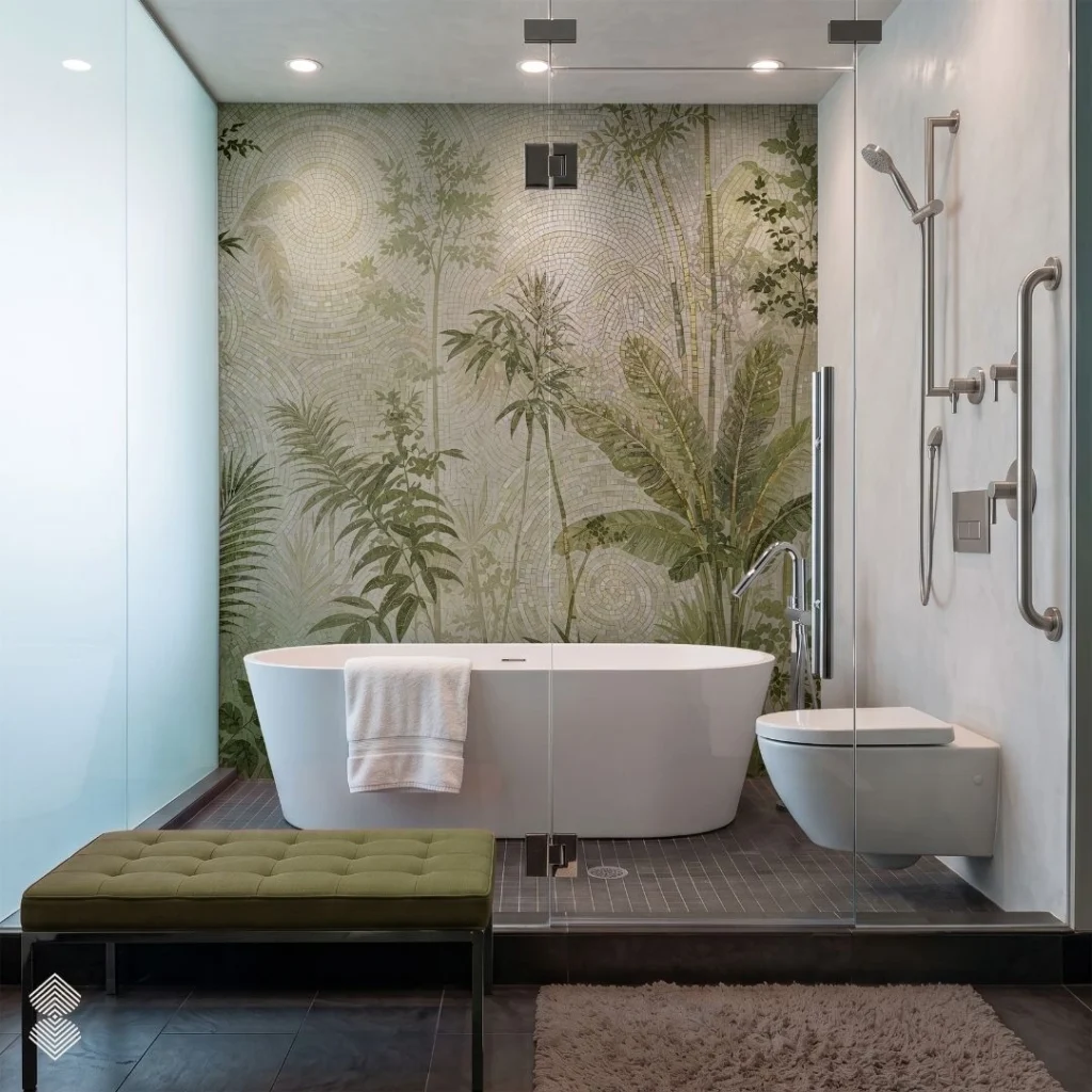 Luxury botanical mosaic bathroom wall with handcrafted green palm, bamboo and tropical foliage designs behind a modern freestanding bathtub.