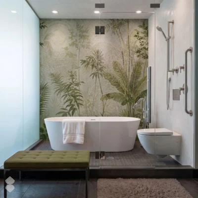 Luxury botanical mosaic bathroom wall with handcrafted green palm, bamboo and tropical foliage designs behind a modern freestanding bathtub.