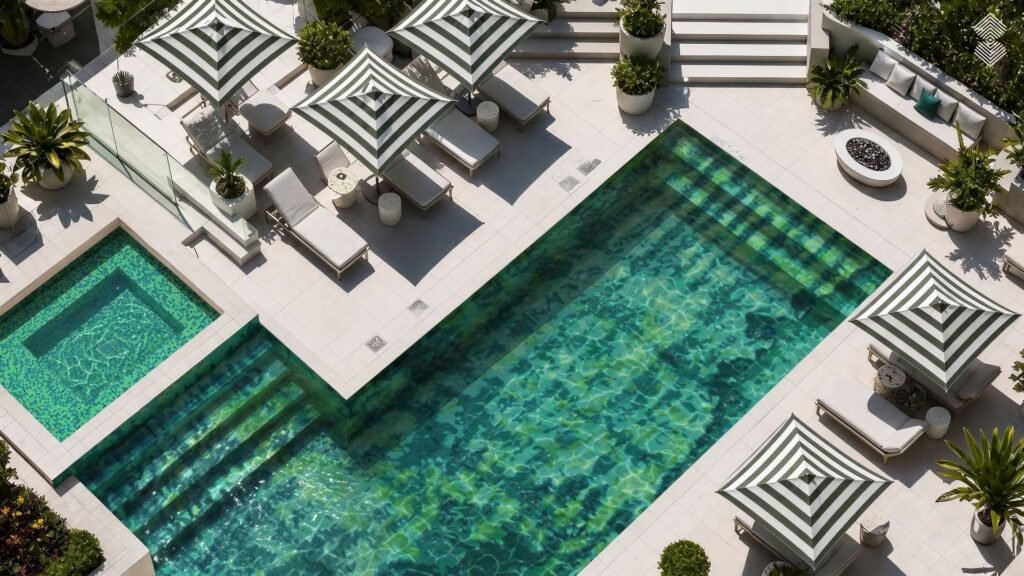 Aerial view of a luxury pool deck with striped umbrellas and a emerald green pixel mosaic swimming pool.