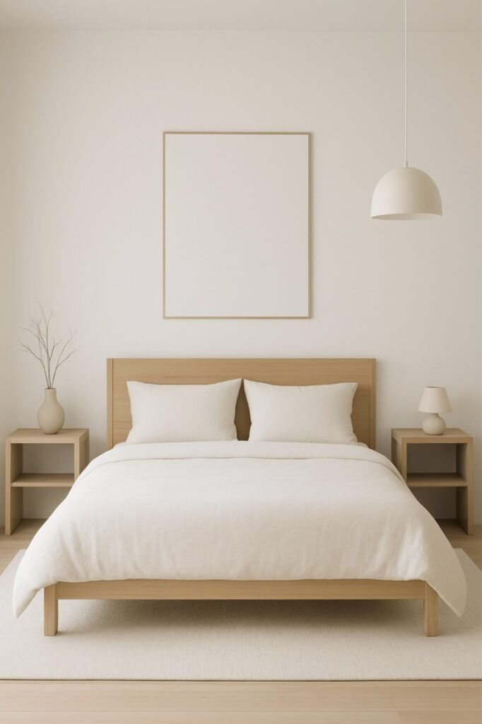 A simple, neutral-toned bedroom with a wooden bed frame, matching nightstands, white bedding, and blank beige walls.