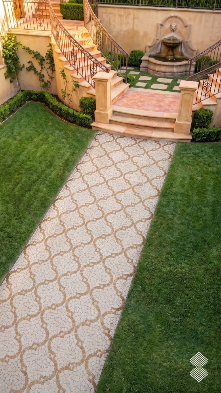 A quatrefoil walkway mosaic in cream and tan stone tesserae laid as a garden path runner