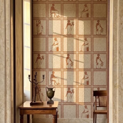 A Roman figures grid mosaic wall panel showing terracotta classical figures set inside cream square compartments.
