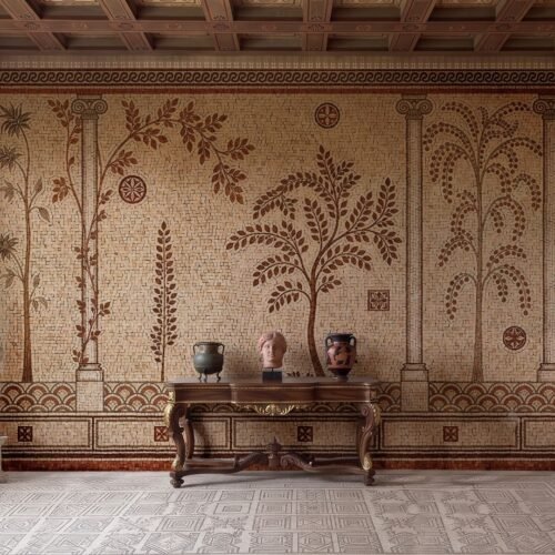 A Roman garden wall mosaic showing rows of stylized trees between Ionic columns in ochre and cream stone tesserae