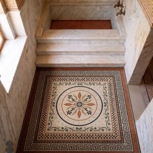 A square Roman medallion floor mosaic with a floral rosette center and Greek key border set into a marble entryway floor
