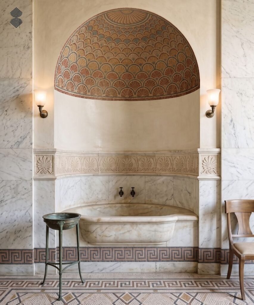 Roman mosaic bathroom with classical border and geometric details