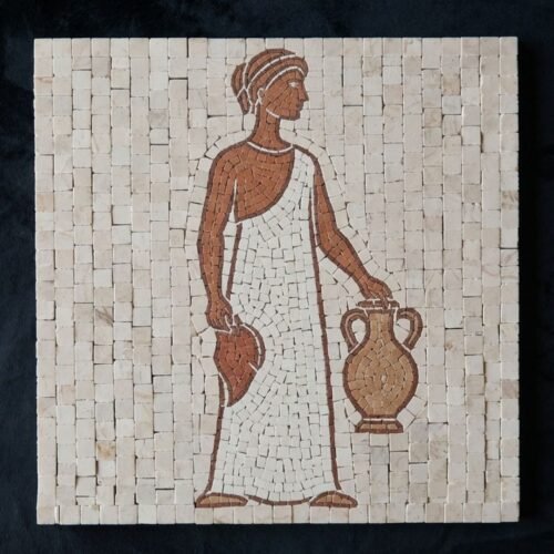 A Roman water carrier mosaic showing a robed figure holding an amphora, made of marble tesserae on an ivory stone background