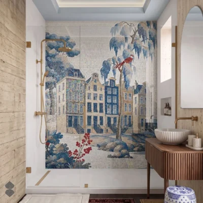 Luxury bathroom mosaic shower wall featuring European townhouses, blue trees, botanical details and a red bird in handcrafted glass and marble.