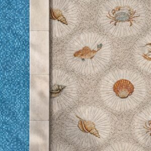 A sea creature walkway mosaic with fish, crabs and shells set inside stone sunburst medallions.