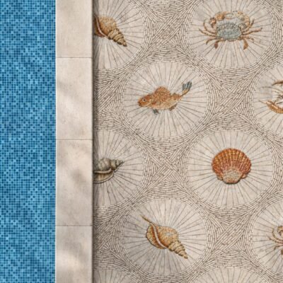A sea creature walkway mosaic with fish, crabs and shells set inside stone sunburst medallions.
