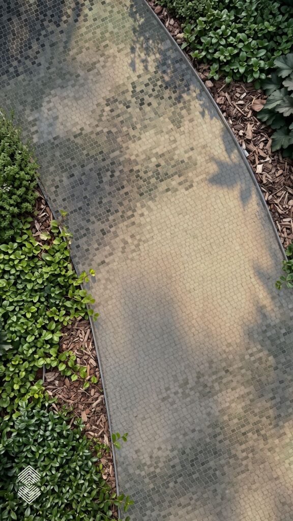 High-angle view of a garden path with a subtle mosaic gradient transitioning from dark charcoal tiles to light gray stone along lush green groundcover.