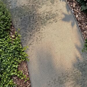 Overhead view of a stone mosaic walkway path in sage and sand tones curving between garden beds.